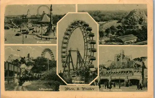 9785 - Wien - Prater , Praterstern , Liliputbahn , Hochschaubahn , Geisterschloss , Riesenrad , Mehrbildkarte - nicht gelaufen