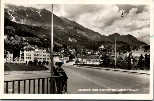 9967 - Tirol - Innsbruck , Neue Innbrücke mit Gasthof Dollinger - gelaufen 1959