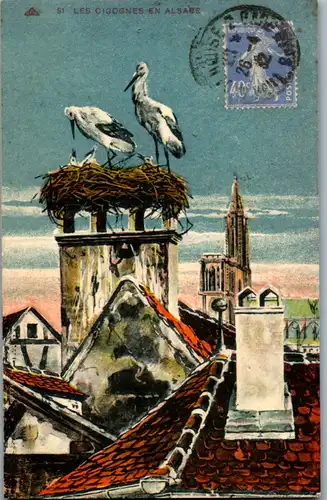 10595 - Frankreich - Les Cigognes en Alsabe , Störche im Nest - gelaufen 1932