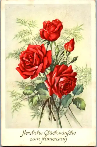 10788 -  - Herzliche Glückwünsche zum Namenstag , Rosen , Blumen - gelaufen 1956
