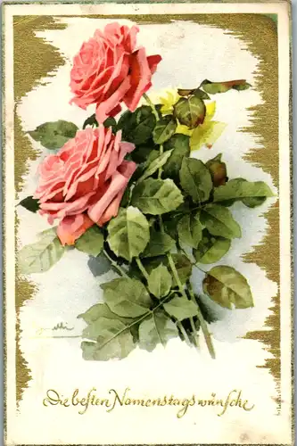 10792 -  - Die besten Namenstagswünsche , Rosen , Blumen - gelaufen