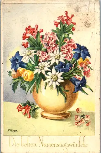 10799 -  - Die besten Namensttagswünsche , Blumen , signiert F. Milan - gelaufen 1951