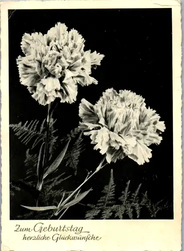10802 -  - Zum Geburtstag herzliche Glückwünsche , Blumen - gelaufen 1958