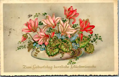 10818 -  - Zum Geburtstag herzliche Glückwünsche , Blumen - gelaufen 1954