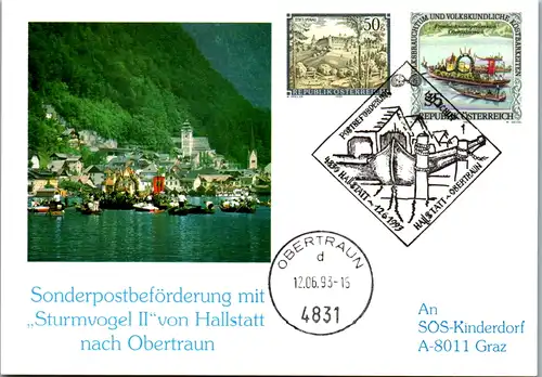 10860 - Oberösterreich - Sonderpostbeförderung mit Sturmvogel II v. Hattstatt nach Obertraun , Stempel , Marke - nicht gelaufen 1993