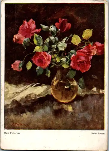 10884 - Künstlerkarte - Rote Rosen , signiert Max Pistorius - gelaufen