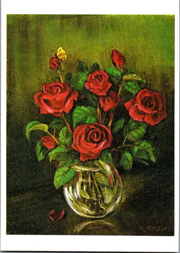 11012 - Künstlerkarte - Vase mit Rosen , mundgemalt von Karl Köhler - nicht gelaufen