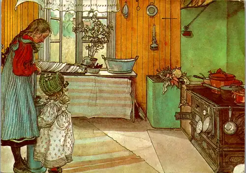 11028 - Künstlerkarte - Carl Larsson , Malerei Mutter mit Kind in Küche - gelaufen