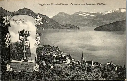 11082 - Schweiz - Weggis am Vierwaldstättersee , Panorama vom Restaurant Rigiblick , Rigi , Aussichtsturm - gelaufen 1908