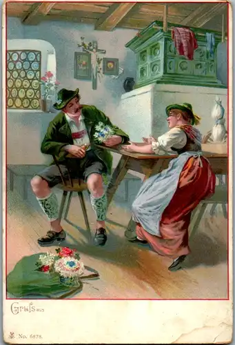 11099 - Künstlerkarte - Bäuerliches Paar in Tracht am Tisch der Stube - nicht gelaufen