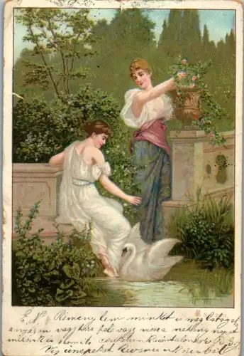 11100 - Künstlerkarte - Zwei Frauen am See , Schwan - gelaufen 1901