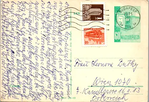 11111 - Ungarn - Ganzsache mit Zusatzfrankatur - gelaufen 1971