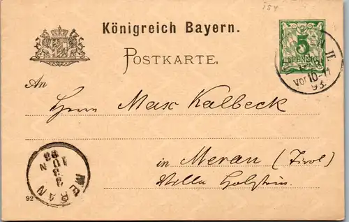 11117 - Deutschland - Ganzsache Königreich Bayern München - Meran - gelaufen 1893