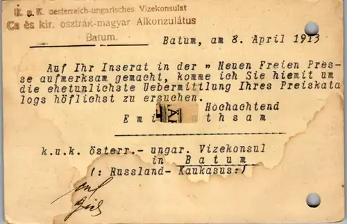 11123 - Russland - Ganzsache K. u. k. Vizekonsul , Batum - Wien - gelaufen 1913