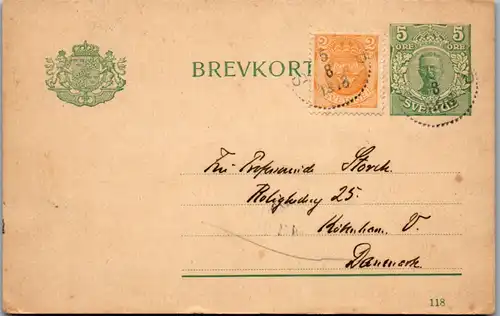 11127 - Schweden - Ganzsache mit Zusatzfrankatur , Dänemark - gelaufen 1918