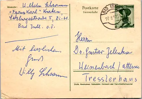 11146 - Österreich - Ganzsache Bad Ischl - Weissenbach am Attersee - gelaufen 1957