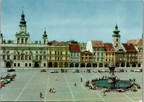 11163 - Tschechische Republik - Ceske Budejovice , Marktplatz mit Rathaus , Samsonbrunnen - gelaufen