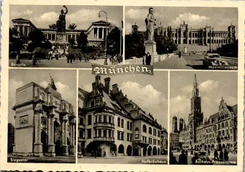 11216 - Deutschland - München , Bavaria , Siegestor , Hofbräuhaus , Frauentürme , Mehrbildkarte - gelaufen 1956