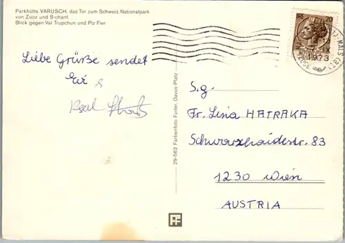 10156 - Schweiz - Parkhütte Varusch , Zuoz und S-chanf , Blick gegen Val Trupchun und Piz Fier - gelaufen 1973