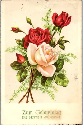 10166 -  - Zum Geburtstag die besten Wünsche , Rosen , Blumen - gelaufen 1960