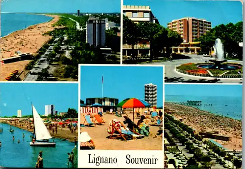 10304 - Italien - Lignano , Strand , Springbrunnen , Mehrbildkarte - gelaufen 1974