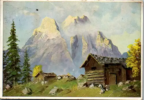 10359 - Künstlerkarte - Berglandschaft , Berghütten , signiert J. Hecker - gelaufen 1943