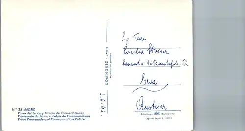 10477 - Spanien - Madrid , Paseo del Prado y Palacio de Comunicaciones - nicht gelaufen 1962