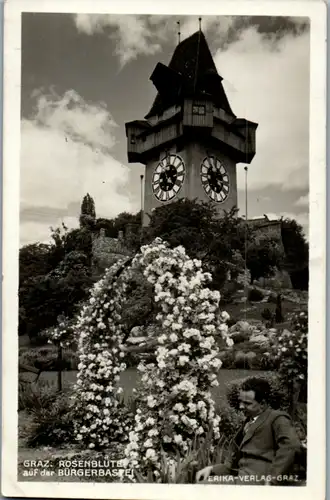 11390 - Steiermark - Graz , Uhrturm , Rosenblüte auf der Bürgerbastei - nicht gelaufen 1932