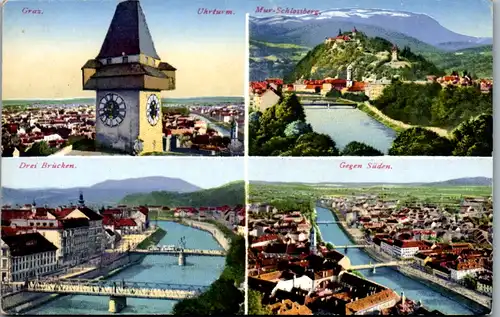 11392 - Steiermark - Graz , Uhrturm , Schlossberg , Drei Brücken , Mehrbildkarte - nicht gelaufen 1933
