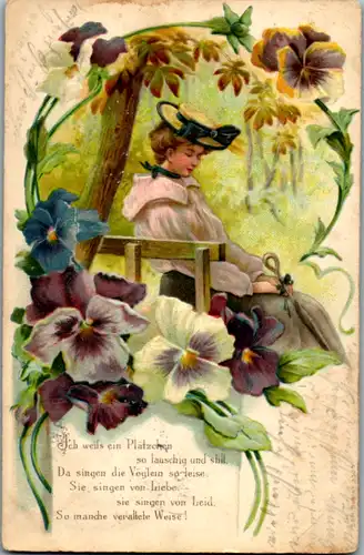 11448 -  - Blumen , Frau , Parkbank , Reliefkarte , Gedicht - gelaufen
