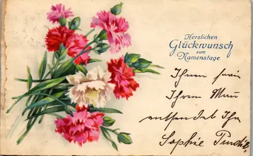 11454 -  - Herzlichen Glückwunsch zum Namenstage , Blumen - gelaufen 1932