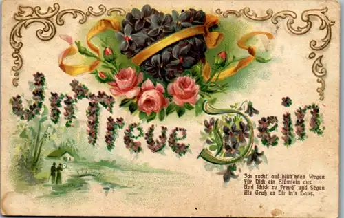 11456 -  - Blumen , In Treue Dein , Gedicht , Reliefkarte - gelaufen