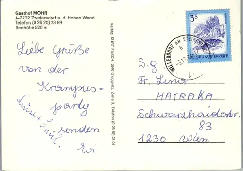 11575 - Niederösterreich - Zweiersdorf an der Hohen Wand , Gasthof Mohr - gelaufen 1981