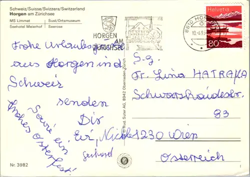 11591 - Schweiz - Horgen am Zürichsee , Limmat , Sust , Seehotel Meierhof , Seerose , Mehrbildkarte - gelaufen 1993