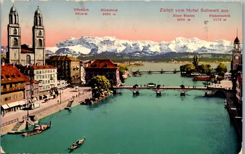 11706 - Schweiz - Zürich vom Hotel Schwert aus , Glärnisch , Bächistock , Böser Faulen , Pfannenstock , Panoramakarte - gelaufen 1920