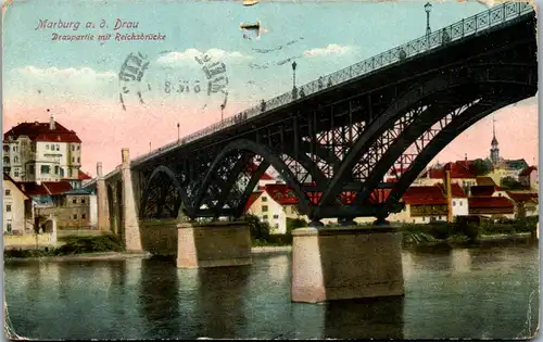 11735 - Slowenien - Marburg an der Drau , Draupartie mit Reichsbrücke - gelaufen 1918