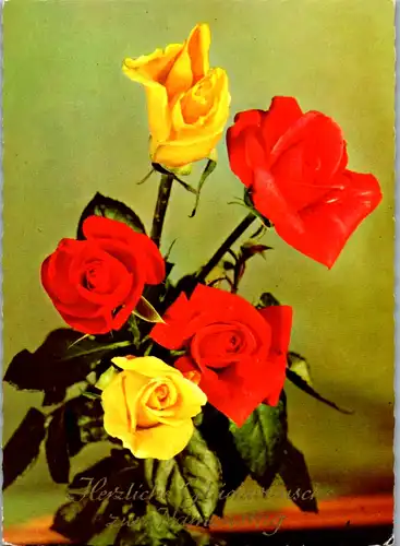 11813 -  - Herzlichen Glückwunsch zum Namenstag , Blumen , Rosen - nicht gelaufen
