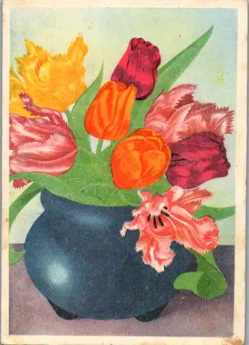 11814 - Künstlerkarte - Blumen in Vase - nicht gelaufen
