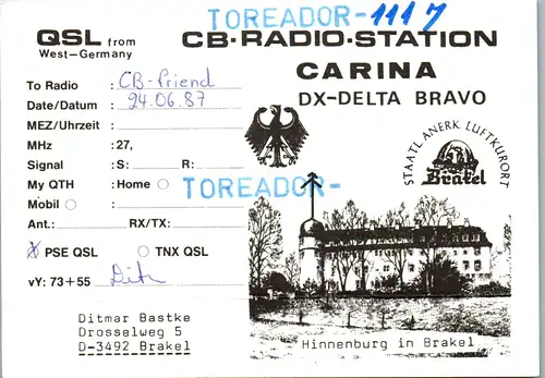 11868 - QSL - CB , Deutschland , Brakel , Toreador , Carina