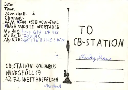 12001 - QSL - CB , Österreich , Weitersfelden , Kolumbus