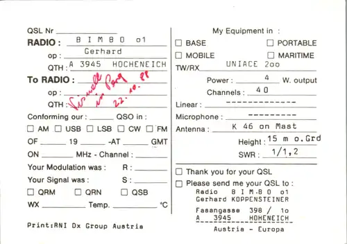 12010 - QSL - CB , Österreich , Hoheneich , Bimbo 01 , Bimbolady