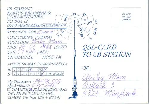 12039 - QSL - CB , Österreich , Mariazell , Kaktur , Braunbär , Schlumpfinchen , Mike Bravo , Lima Delta