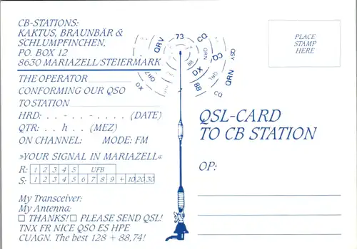 12088 - QSL - CB , Österreich , Mariazell , Kaktus , Braunbär , Schlumpfinchen