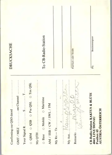 12122 - QSL - CB , Österreich , Linz , Kaktus & Blüte