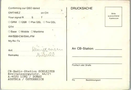 12258 - QSL - CB , Österreich , Königswiesen , Linz , Schleifer