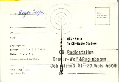 12275 - QSL - CB , Österreich , Wels , Regenbogen , Grauer Wolf