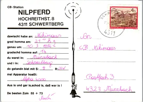 12310 - QSL - CB , Österreich , Schwertberg , Nilpferd