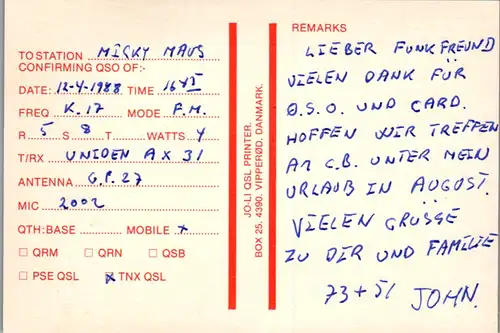 12312 - QSL - CB , Dänemark , Juliett Lima 17 calling