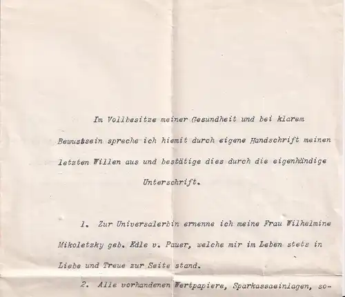 12468 - Alte Papiere - Letzer Wille , Testament , Josef Mikoletzky , k. k. Schulrath & Professor -  1903