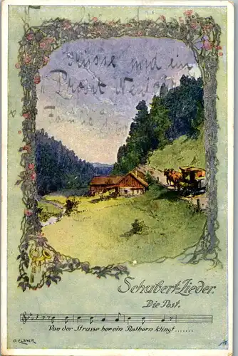 12489 - Künstlerkarte - Liedkarte , Die Post , signiert O. Elsner , Schubert Lieder - gelaufen
